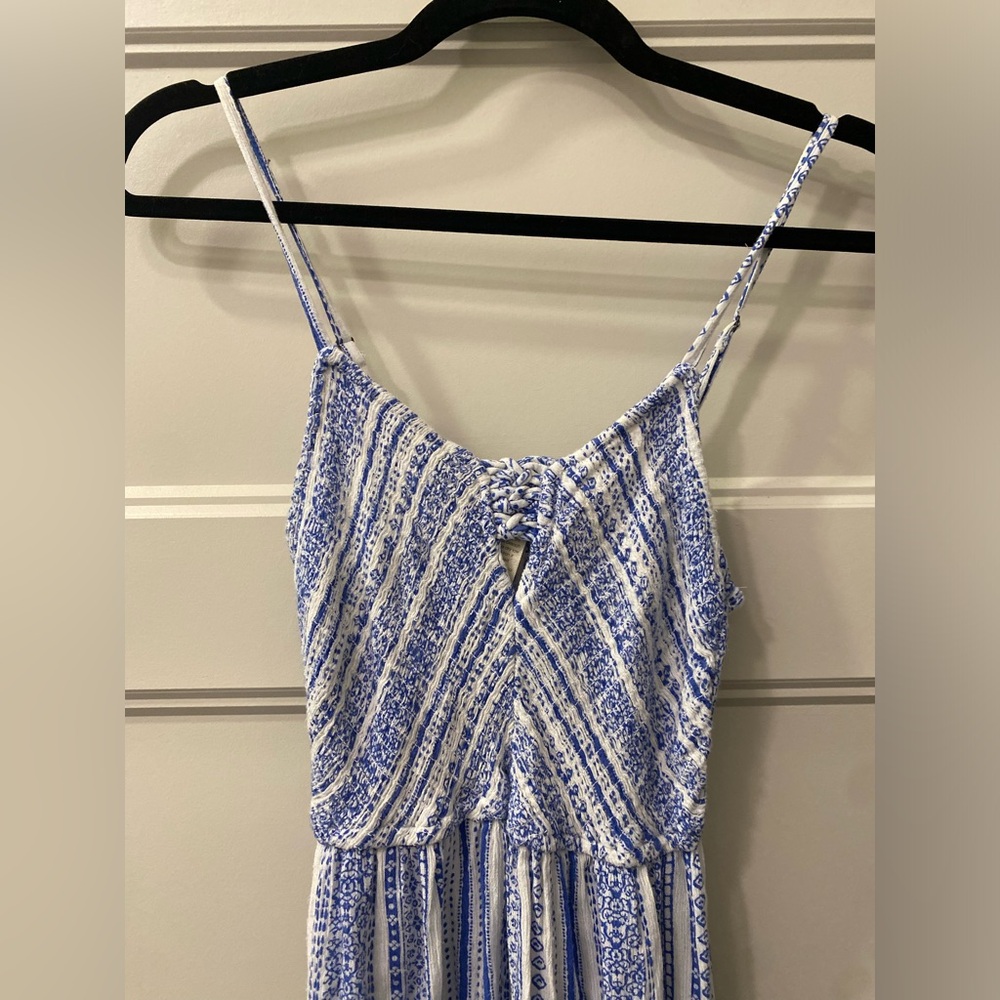 Japna~Adorable Blue & White Patterned Flowy Midi Dress W/ Smocked Top~Size XS - Picture 5 of 9